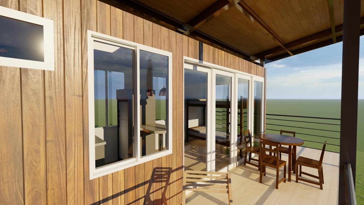 Render de cabaña de madera, terraza y área de estar
