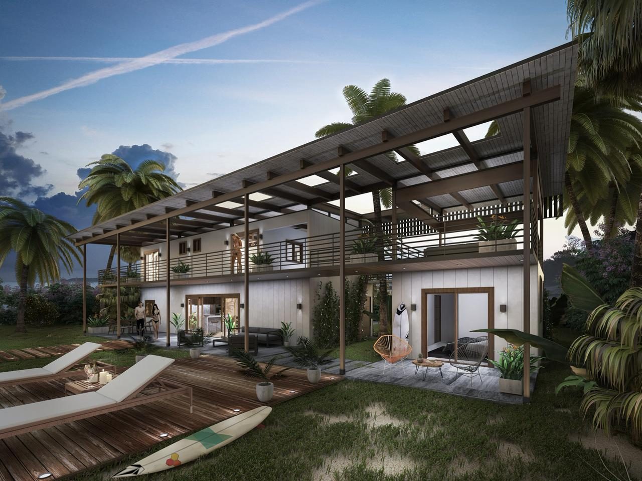 Render de casa frente al mar con terraza de madera