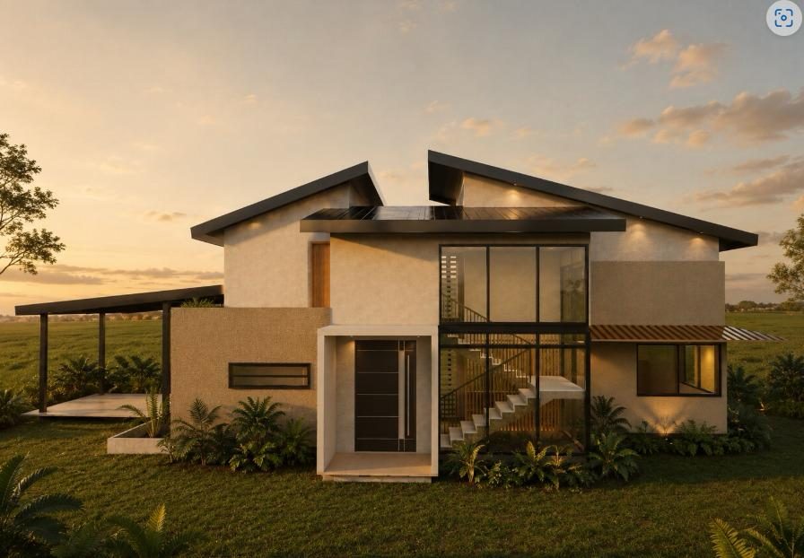 Render de villa contemporánea, fachada principal
