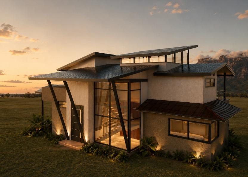 Render de villa contemporánea, vista lateral al atardecer
